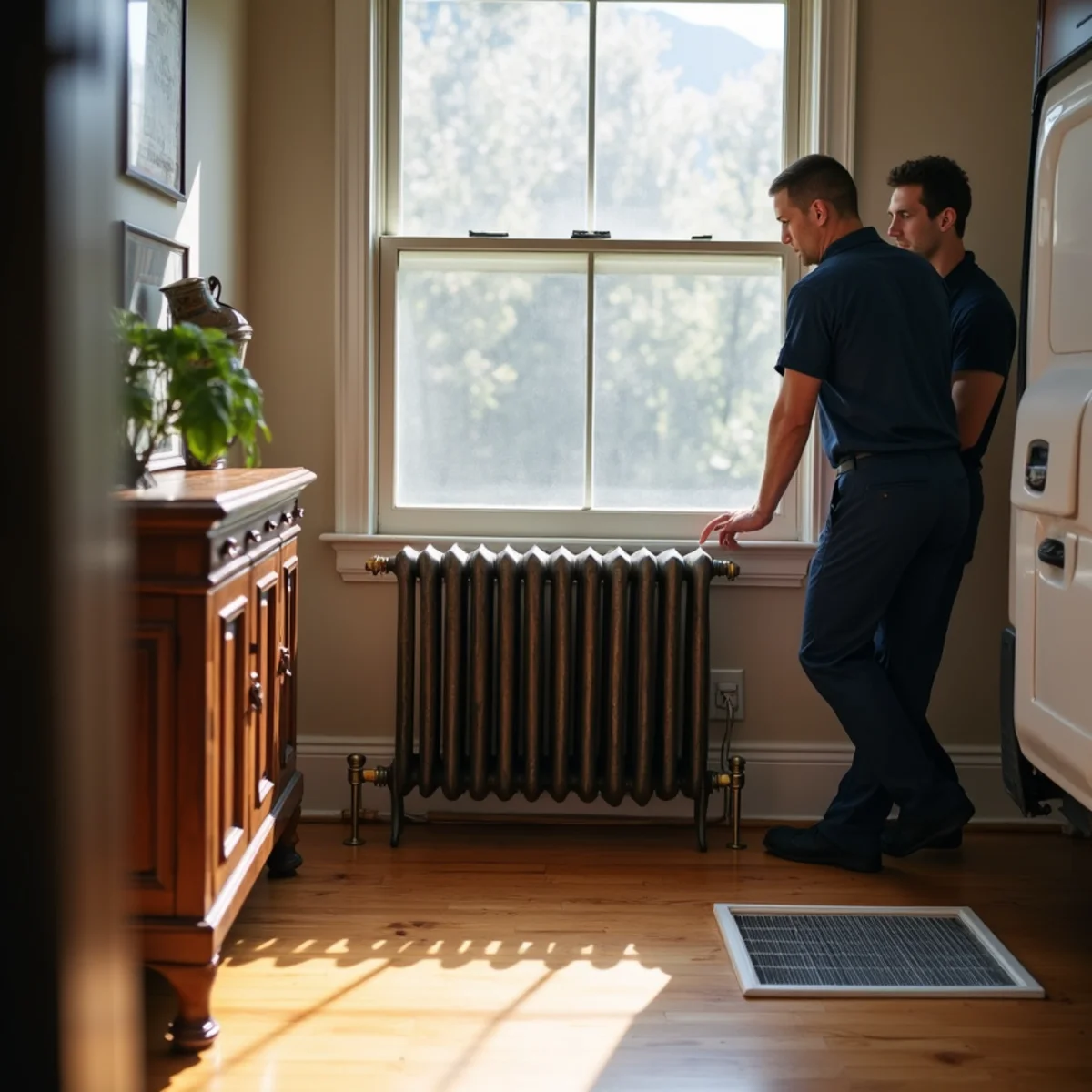 Cast-iron radiator in a vintage Chicago home beside a modern forced-air vent
