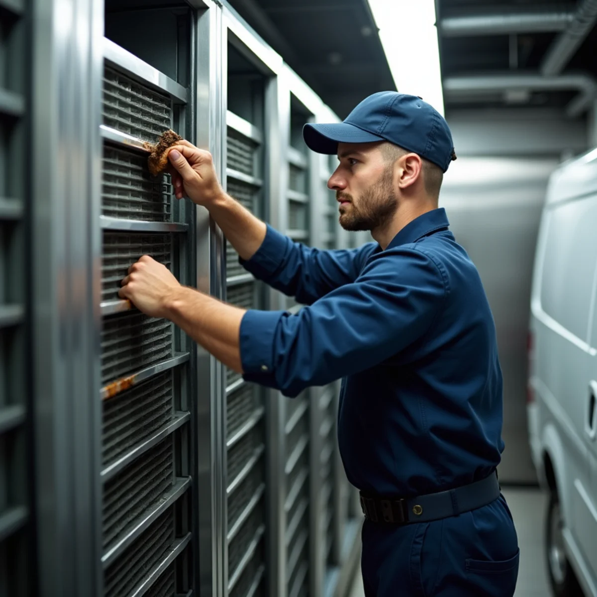 Technician performing preventive maintenance on restaurant refrigeration equipment
