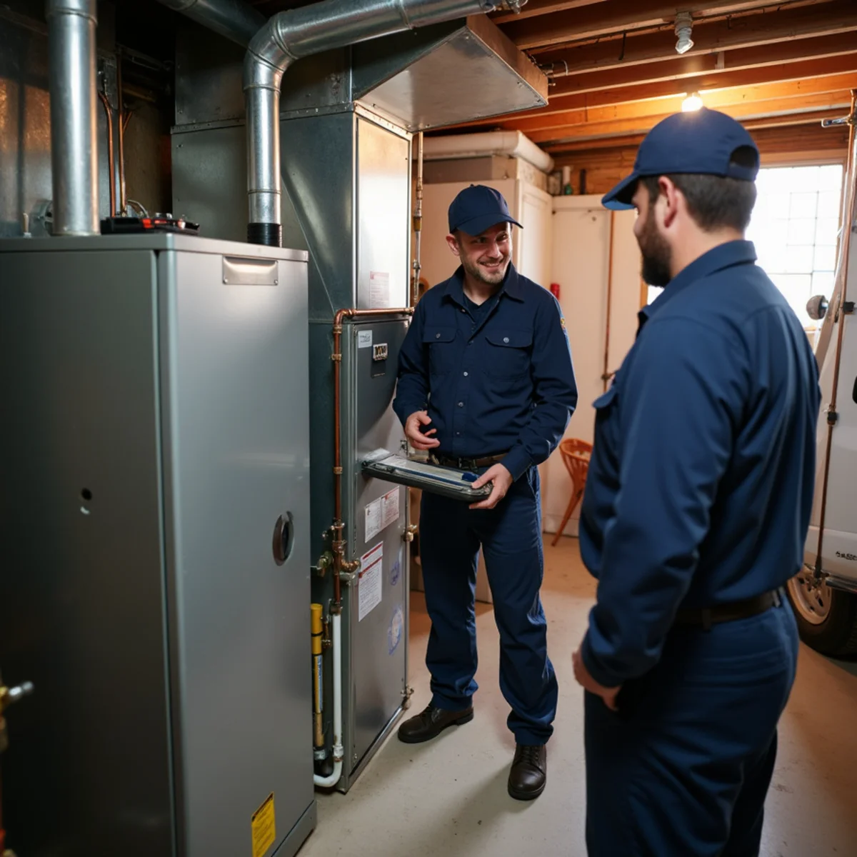 Well-maintained furnace in a clean Chicago basement utility area