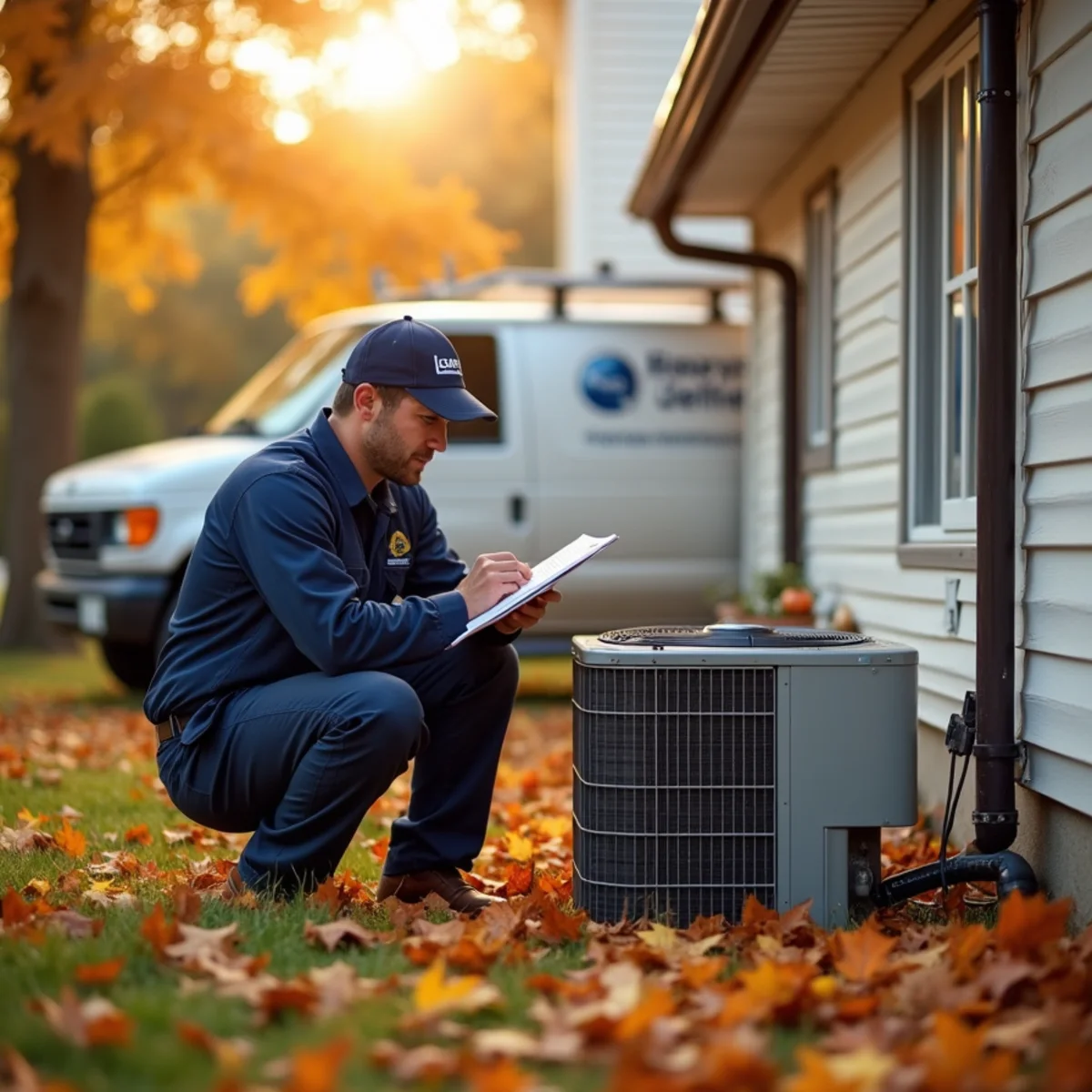 Illinois home in autumn with leaves, ready for fall HVAC maintenance