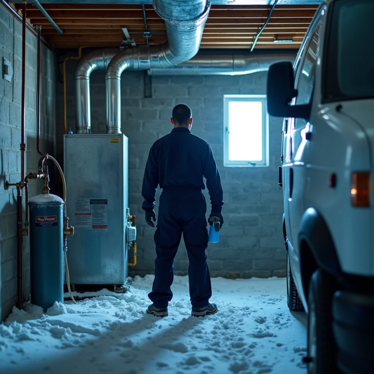 Frozen water pipe in a cold Chicago basement during winter