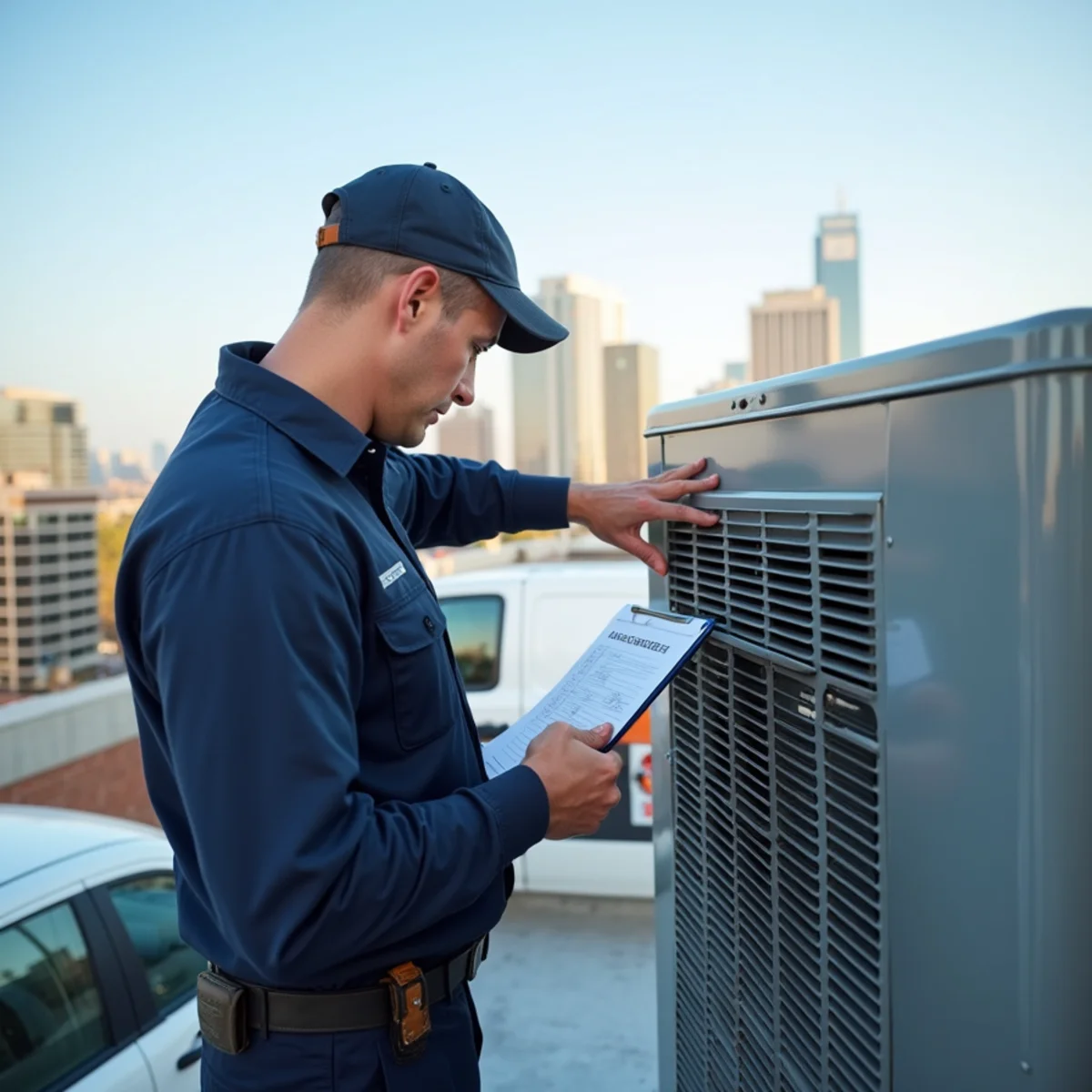 Rows of commercial rooftop HVAC units on a Chicago building being maintained