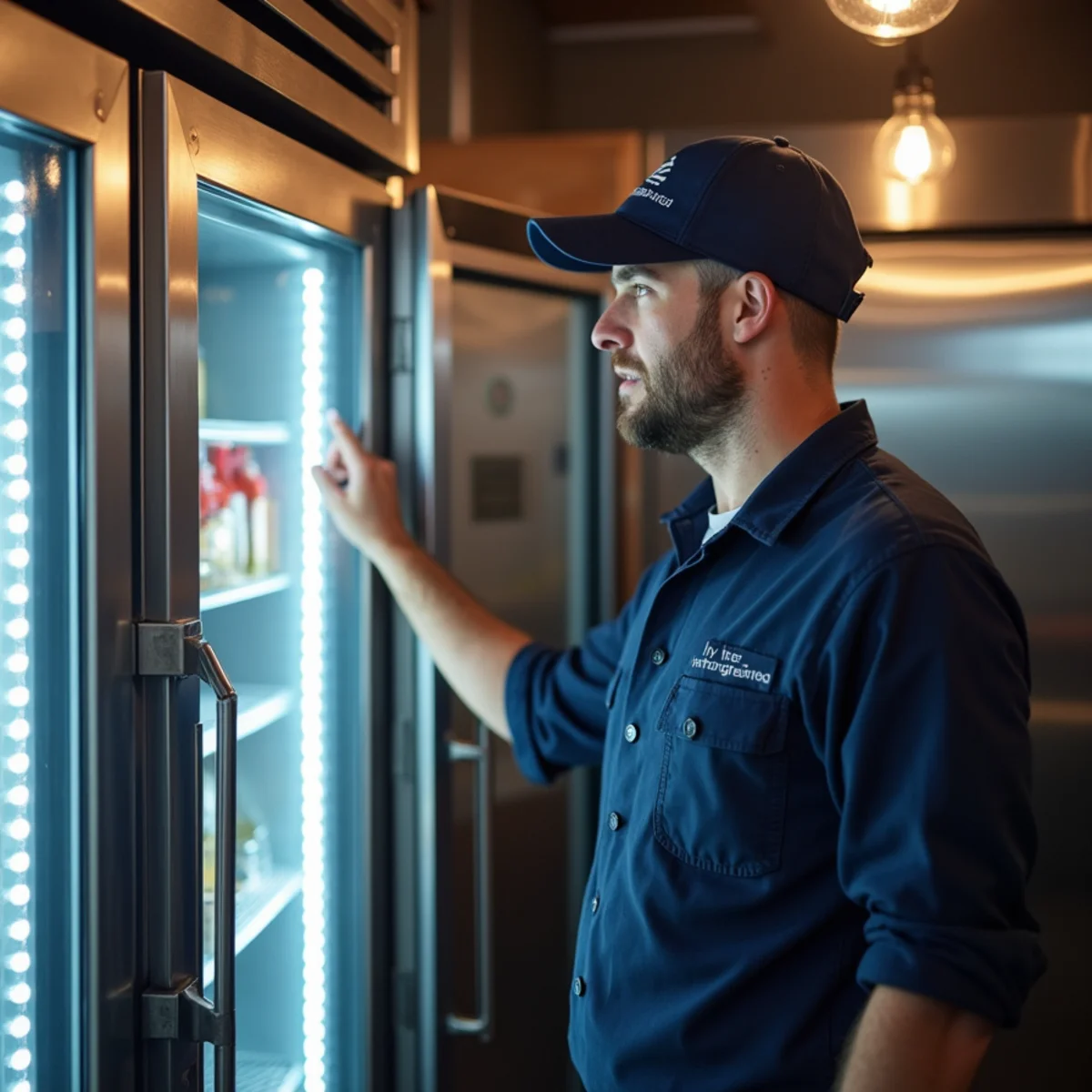 Stainless walk-in cooler in a Chicago restaurant kitchen with a technician checking temperature